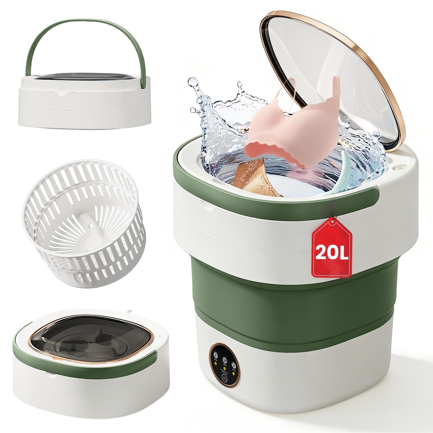 Portable Washing Machine - 20L Mini Foldable Washer with Spin Basket, 3 Cleaning Modes & Deep Cleaning for Small Clothes, Collapsible Laundry for Apartment, Home, Hotel and Travel (Green)