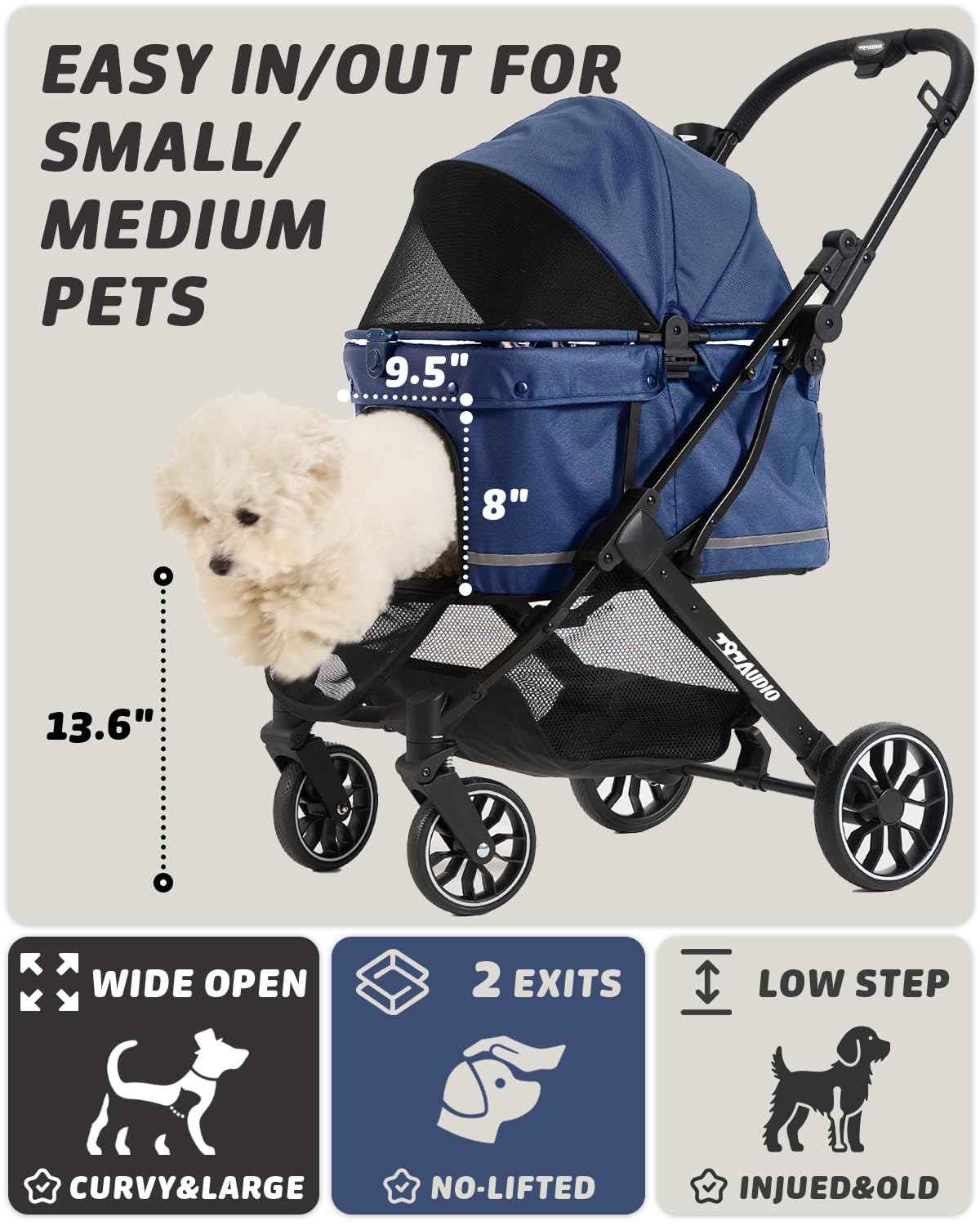 797Audio Dog Stroller for Small Medium Dogs, Pet Stroller for Cats Puppy Up to 121lbs,Foldable,One Click Folding,4 Wheel Shock Absorption,Adjustable Canopy with Sun Shades,Removable Washable Pad(Blue)