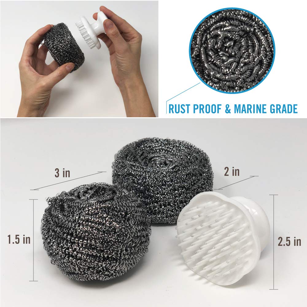 Stainless Steel Scrubber Set, Marine Grade Steel Wool Scouring Pads Scrub with Brush Handle, Heavy Duty Cleaning Supplies for Kitchen,Teak Wood, Outdoor Furniture, and Metal