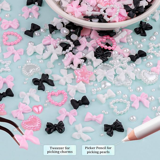 600 Pcs 3D Nail Charms and Flatback Pearls #2, Pink White Black Multi Styles Bowknot Charms + Pink&White Star Heart Nail Jewels + 2-6mm White Nail Pearls for Nail Art Design with Pickup Tools