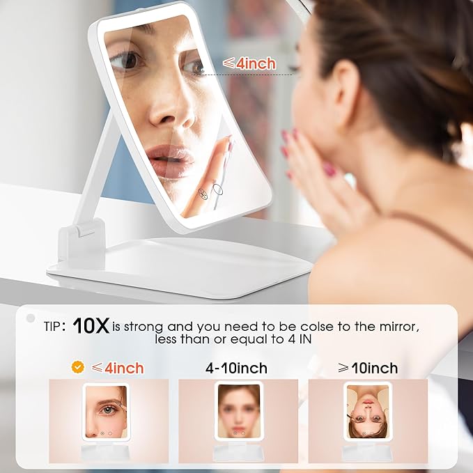 Travel Makeup Mirror with Lights and Magnification 10X, Upgraded Triple-Fold Portable Magnifying Mirror, Adjustable Height/Angle Desk Mirrors with 3-Color Dimmable LED Vanity Mirror, White