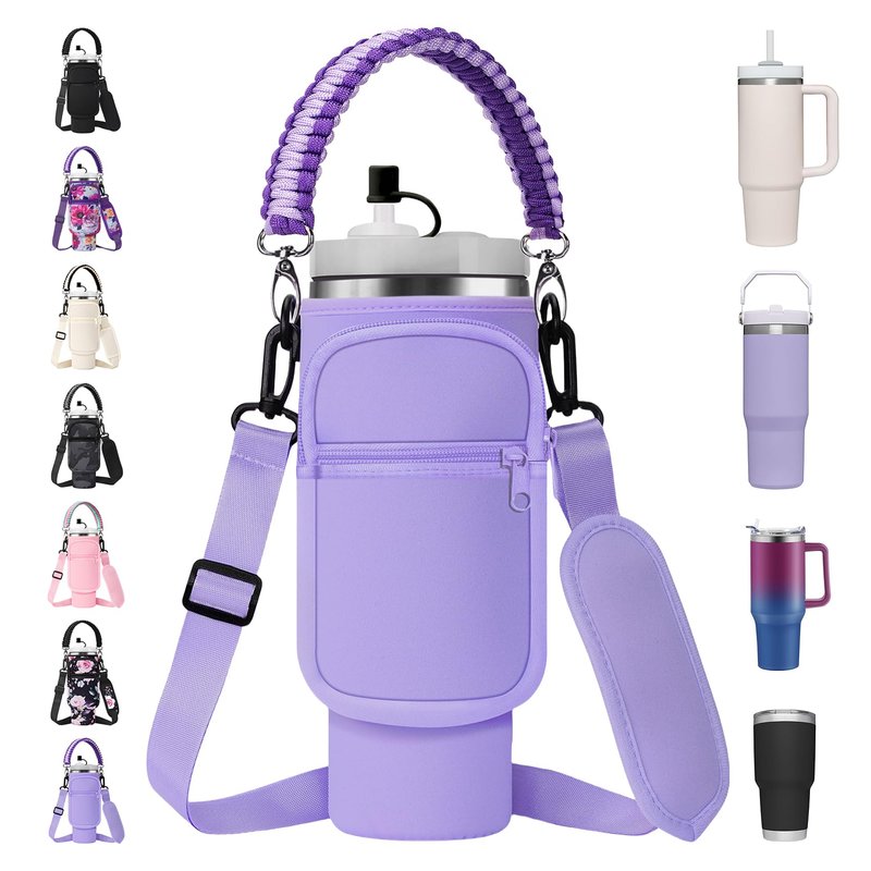 AceTreker Water Bottle Sleeve Bag for Stanley 30/40 oz Tumbler with Handle & 2 Pockets, Neoprene Metal Travel Coffee Mug Carrying Sling Accessories-Purple