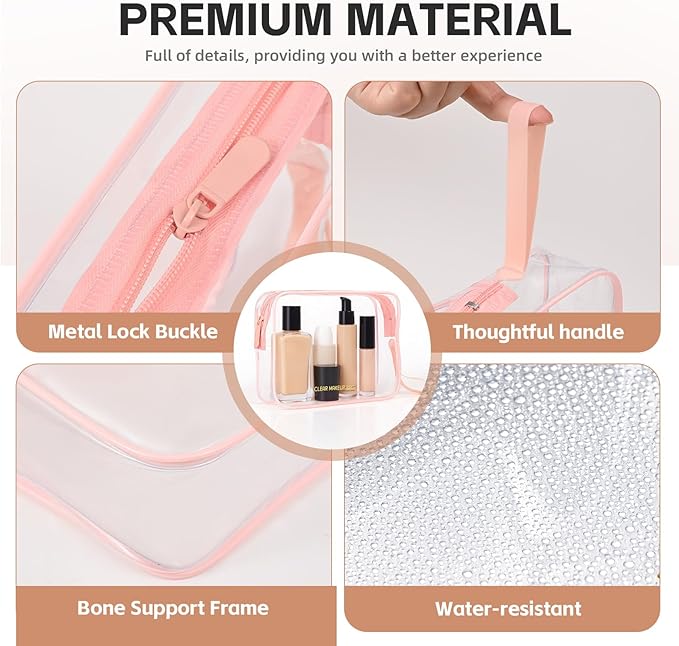 Clear Makeup Bag,2 Pack TSA Approved Toiletry Bag Travel Toiletry Bag Hanging Makeup Cosmetic bag for Women Men (Pink)