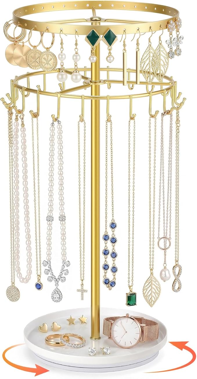 LANDNEOO Necklace Holder Jewelry Organizer, 360ÃÂ° Rotating 3-Tier Jewelry Stand Display, 14.3" Holds 80 Pcs, Earring Holder, Bracelet Ring Holder, Jewelry Organizer and Storage For Women Vanity Dresser