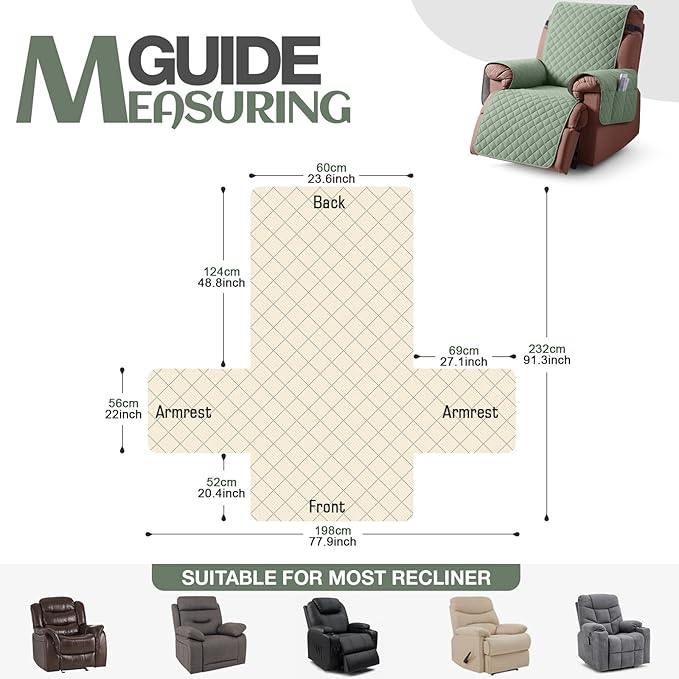KinCam 100% Waterproof Recliner Chair Cover, Reclining Couch Covers for Pets, Dogs, Recliner Couch Slipcover Furniture Protector with Elastic Straps for Kids(23.6", Sage Green)