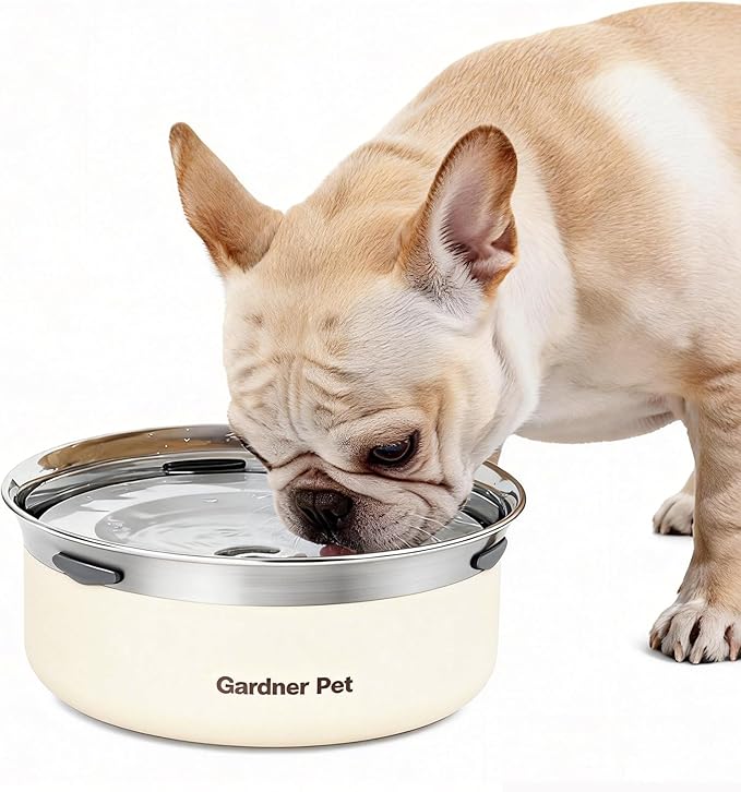 Gardner Pet Slow Water Bowl for Dogs, 2L/68oz Spill-Proof Pet Water Bowl with Floating Disk, Stainless Steel No-Spill Water Dispenser for Medium Pets