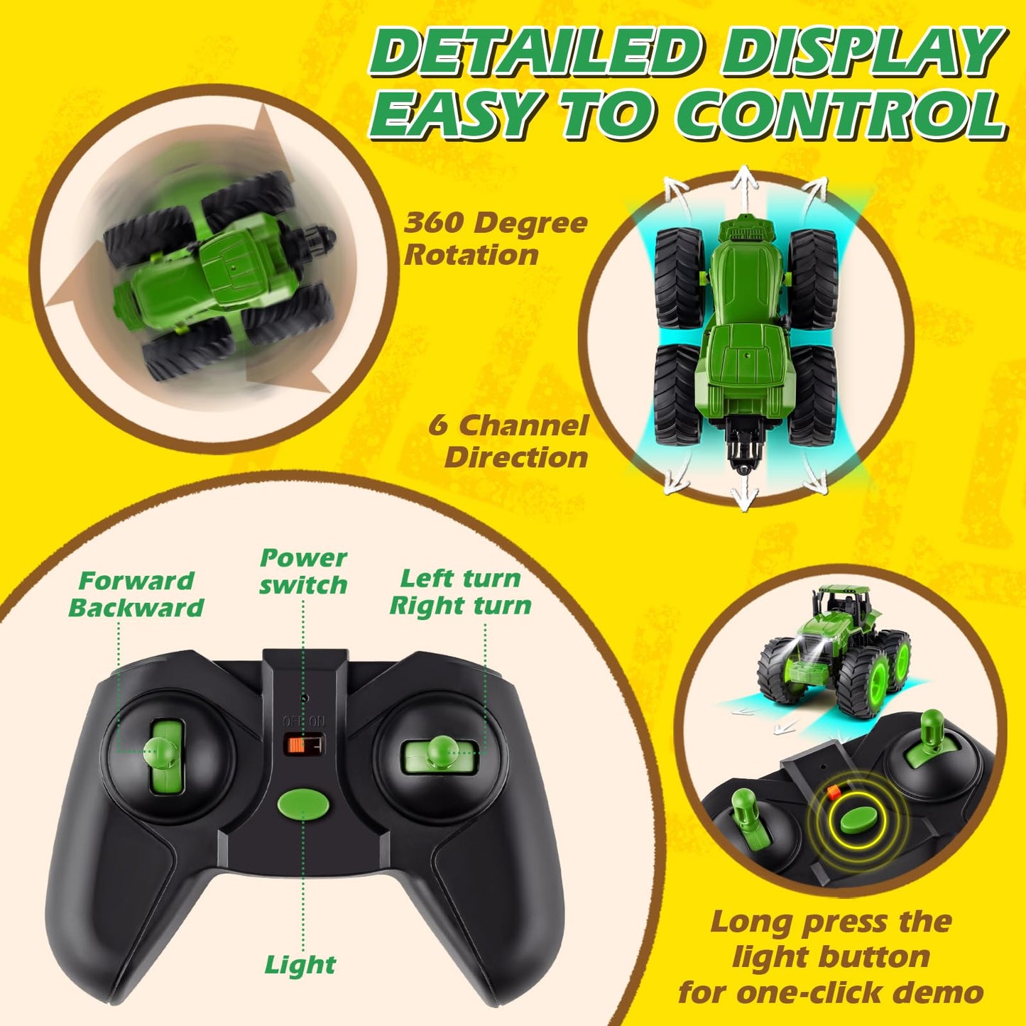 Remote Control Tractor Toys, Light Up Farm Monster Trucks Toy for Boys 3, 4, 5, 6, 7 Year Old, 2.4 Ghz RC Tractor Toys, Ideal Christmas, Birthday Gifts for Kids