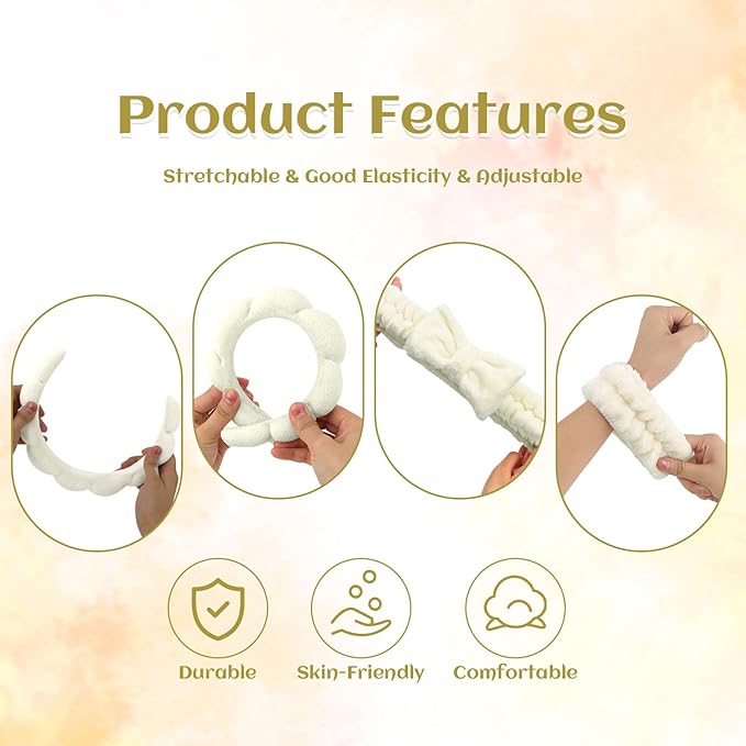 6 Pcs Puffy Spa Headband and Wristbands, Beige, Hairband for Washing Face Skincare, Absorbent Headband for Shower, Yoga, Makeup, Unisex-Adults