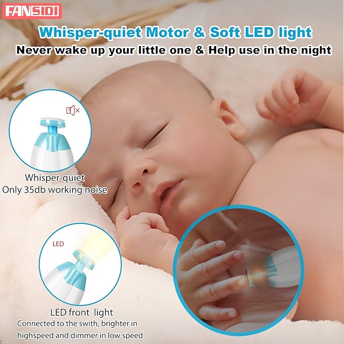 Baby Nail Clippers, FANSIDI Safe Baby Nail Trimmer Baby Nail File Electric with 10 Filing Pads 8 Sandpapers for Newborn Infant Toddler or Adult Toes Fingernails Care - AA Battery Operated (White/Blue)