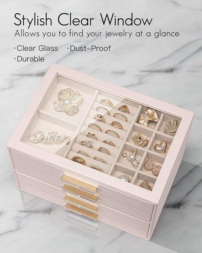 Vlando 4 Layer Jewelry Box for Women, Glass Lid Jewelry Organizer with 4 Drawers for Necklaces Rings Earrings Bracelets - Light Pink