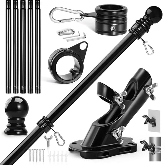 Anovo Flag Pole Kit- Upgraded Holder, Stainless Steel 6 FT Flag Poles with1 Inch Metal 360Â° Rotating Flag Pole Rings Two-Position Flag Pole Bracket Mounting for Outside House Porch(6 FT - Black)