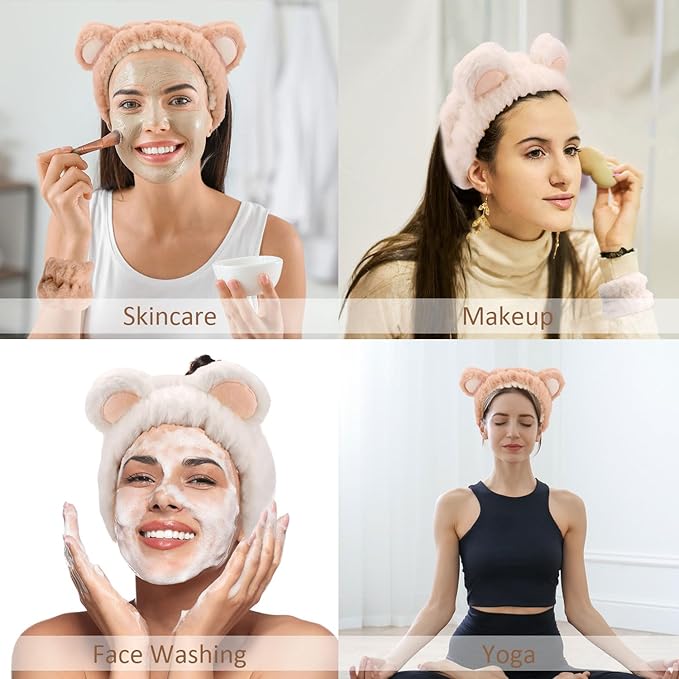Bear Ears Spa Wristband Set - Cute Animal Skincare Headband for Washing Face - Fluffy Elastic Face Wash Hair Band for Women & Girls - Trendy Stuff (White Khaki)