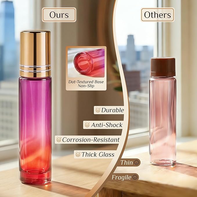 PrettyCare 24 Pack, 10 ml Essential Oil Roller Bottles with Stainless Steel Roller Ball - Refillable Leak-proof Empty Thick Red & Purple Glass Roll on Bottles with Golden Caps for Travel, Perfume