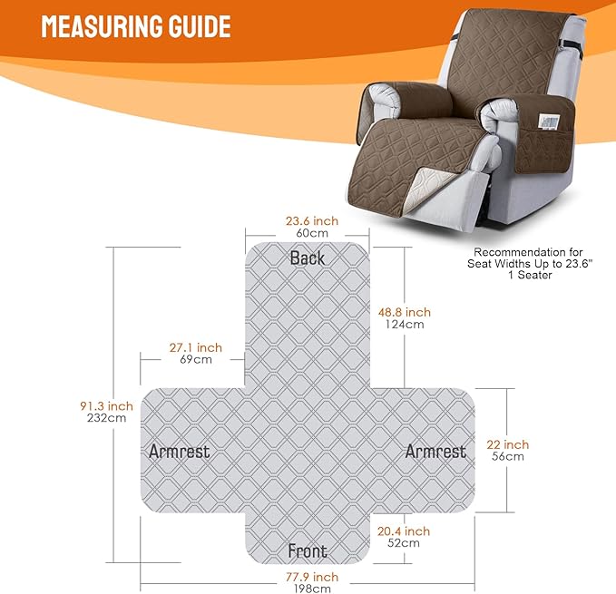 VANSOFY 100% Waterproof Recliner Chair Covers, Recliner Cover Non-Slip Dog Chair Cover Furniture Protector Washable Slipcover with Pocket, Elastic Straps for Pets, Dogs(Brown, 23.6")