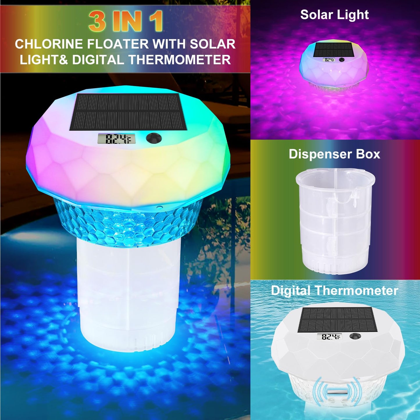 Solar Powered Pool Chlorine Floater with Digital Thermometer & LED Light, Floating Chlorine Dispenser for 3” Chlorine Tablets (Tablets Not Included), Pool Thermometer for Inground & Above Ground Pools