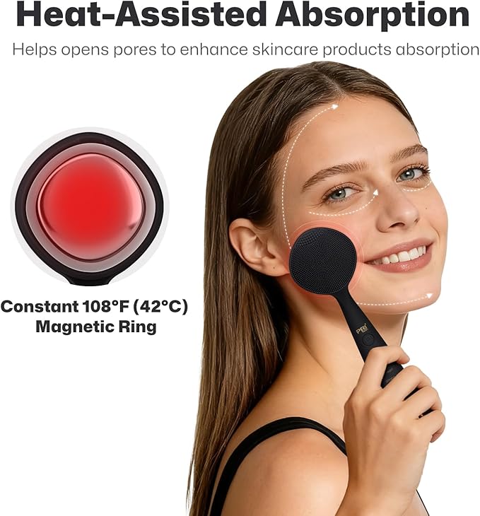 PRITECH Facial Cleansing Brush with 42ÃÂ° ConstantÃ¢ÂÂTemperature Heating Ã¢ÂÂ Rechargeable Silicone Face Scrubber for Deep Pore Cleaning, Waterproof Vibrating Exfoliator for Women & Men (Black)