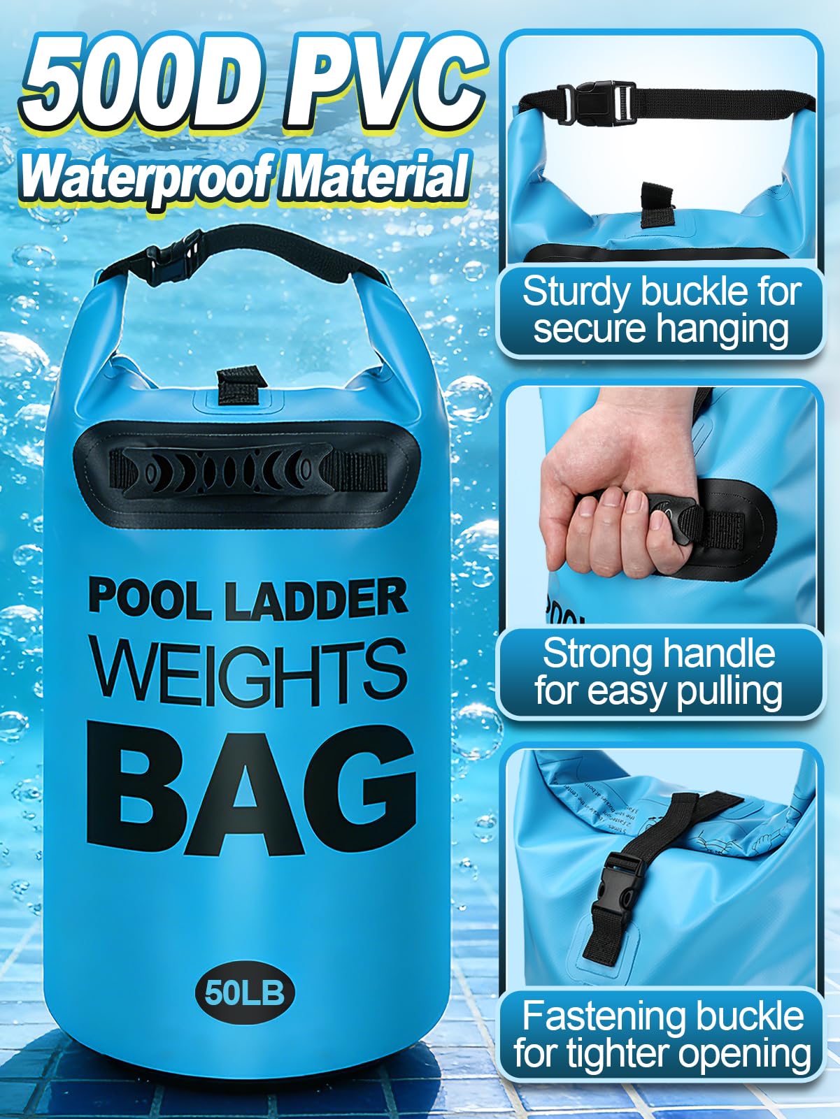 Cosweet 2 Pack Heavy Duty Pool Ladder Weights - 50lb Easy to Fill Anchor Bags, 500D PVC Waterproof Sand Bags with Handles & Secure Buckle Closure to Stabilize Above Ground Swimming Pool Steps
