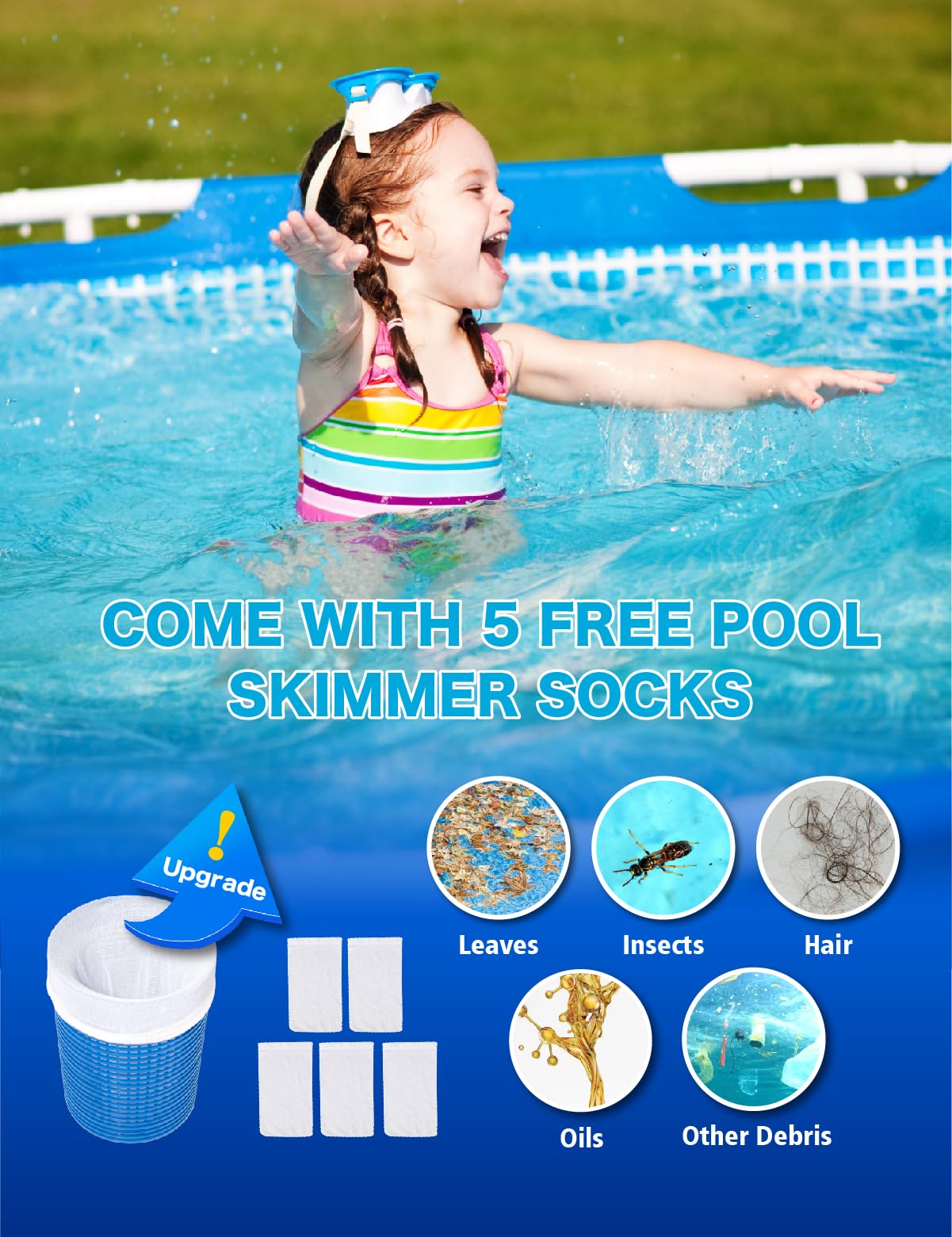 MUWOOB Above Ground Pool Skimmer with 5 Skimmer Socks, Wall Mount Surface Skimmer with Hose & Basket, Compatible with Intex Pools, Adjustable Floating Filter, Automatically Removes Leaves & Debris