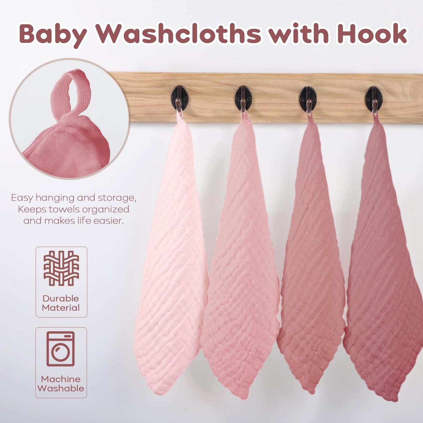 Yoofoss Muslin Baby Washcloths 100% Organic Cotton Face Towels 10 Pack Wash Cloths for Baby 12x12in Soft and Absorbent Baby Wipes (Gradient Pink)