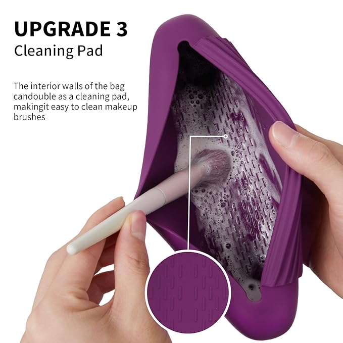 2 IN 1 Silicone Makeup Brush Holder with Beauty Make Up Sponge Holder Case：Soft Portable Cosmetic Face Brushes Holder with Upgrade Anti-Fall Out Magnetic Closure - Dark Pruple