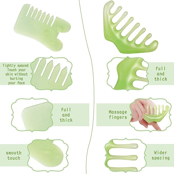 Geiserailie 2 Pcs Jade Combs Esthetician Supplies Massage Stone Hair Gua Sha Scraping Scalp Comb Facial Massage Tool Handheld Head Tools Head Caring Therapy Valentines for Women(Mixed Style)