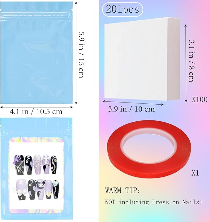 100PCS Empty Solid Blue Holographic Nail Storage Bag Press on Nail Packaging Bag and 100PCS Shiny white cardboard Nail Tips Packaging Bags with 1 Roll Transparent Tape