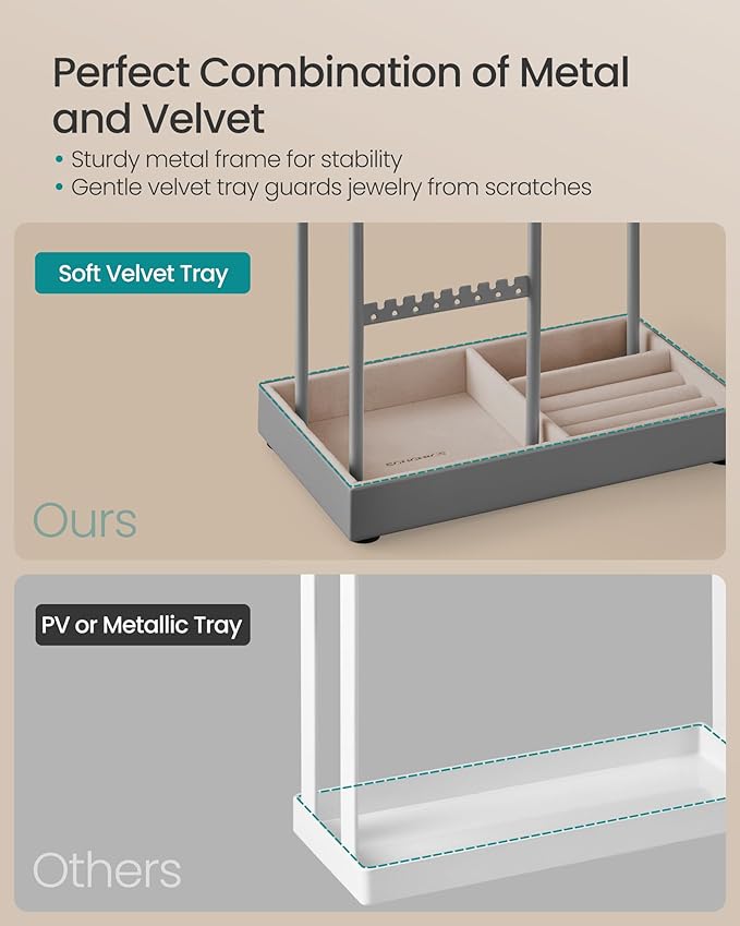 SONGMICS Jewelry Holder, Jewelry Organizer, Jewelry Display Stand with Metal Frame, Velvet Tray, Necklace Earring Bracelet Holder, for Studs, Rings, Gift Idea, Dove Gray UJJS021G01