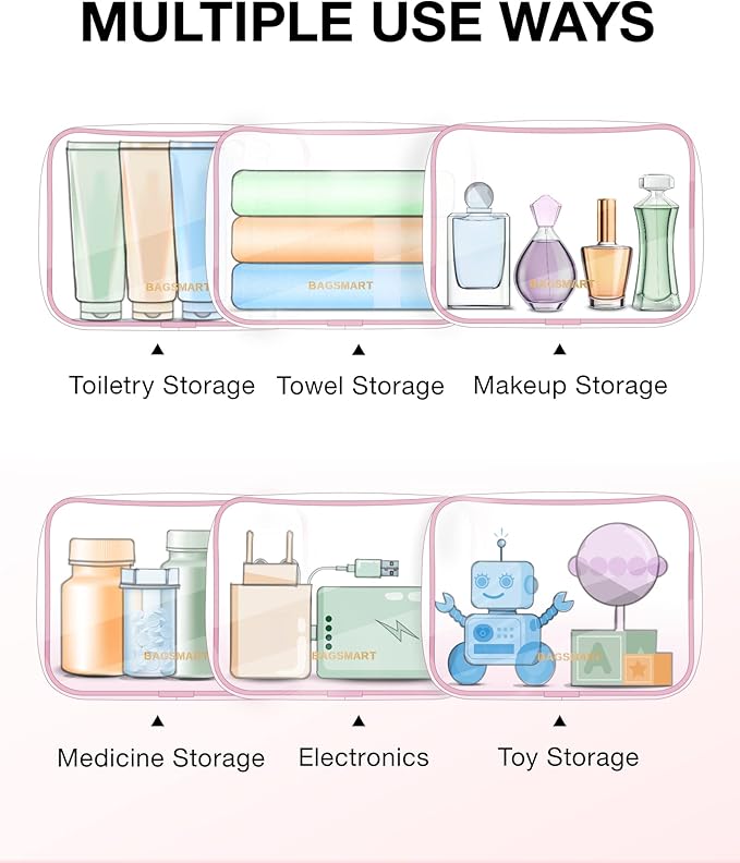 BAGSMART Clear Toiletry Bag, 3 Pack TSA Approved Travel Toiletry bag Carry on Travel Accessories Bag Airport Airline Quart Size Bags Water Repellent Makeup Cosmetic Bag for Women (Pink-3pcs)