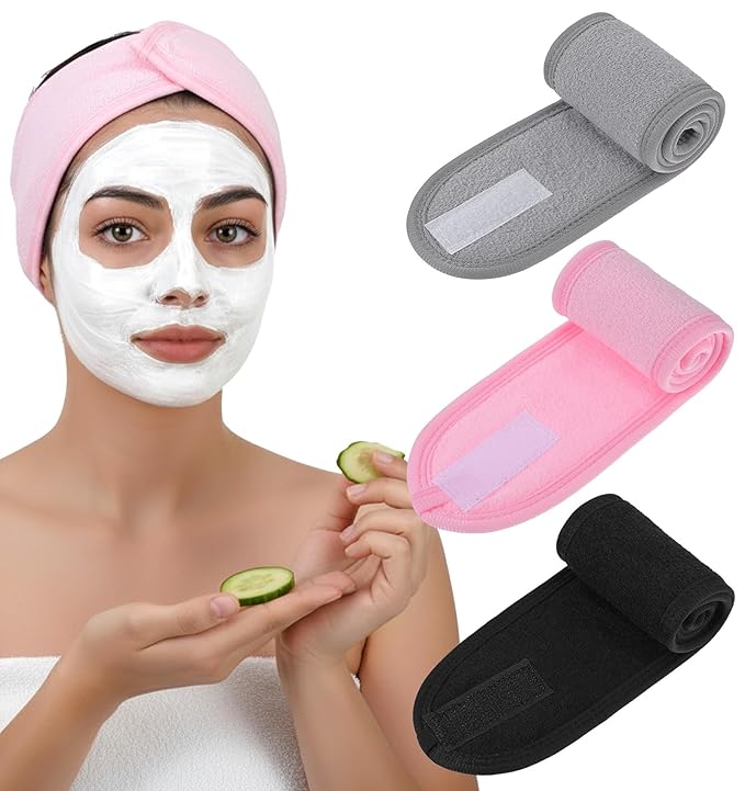 3 Pack Spa Headband, Adjustable Terry Cloth Headband for Women, Non-Slip Face Wash Headbands for Facial, Makeup & Shower, Soft Stretchable Hair Band