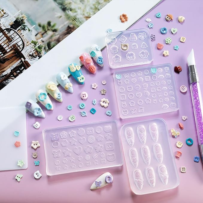 Laza 4pcs Button Silicone Nail Art Molds, 3D Multiple Shapes Embossed Button Nail Charms Nails Accessories with Carving Pen Resin Nail Art Mold Manicure Tools for Manicures Design