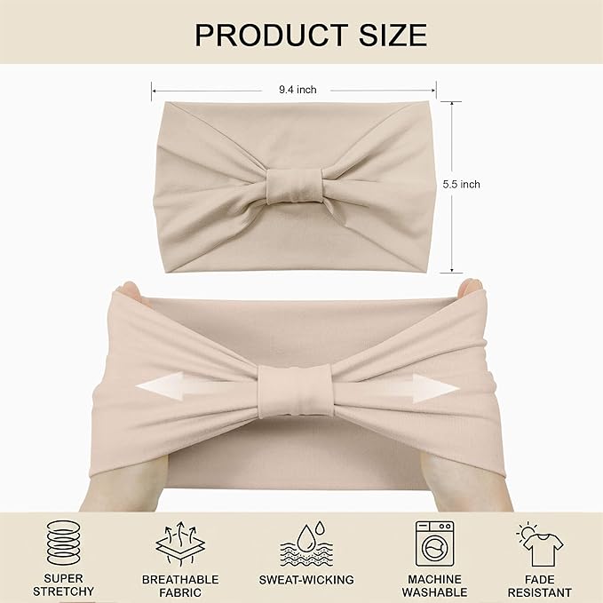 Wide Headbands for Women - 6 Pack Stretchy Soft Hair Bands for Workout, Yoga, Running, Makeup & Face Washing - Fashion Knotted Head Wraps & Hair Accessories