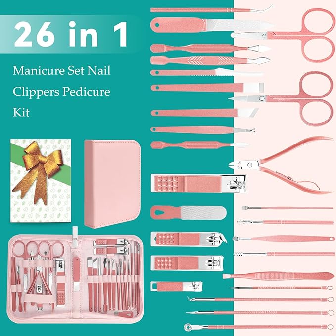 Nail Clippers Set, 26 Piece Manicure Set & Pedicure Kit, Stainless Steel Fingernail & Toenail Clipper Cutters, Professional Nail Care Tools with Luxurious Travel Case for Men and Women, Metallic Pink