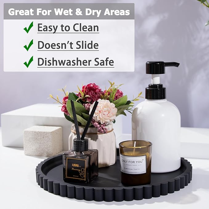 HighHerz Silicone Bathroom Countertop and Vanity Tray-10 Inch Round Silicone Bathroom Tray, Modern Bathroom Decor, Coffee Table Decor, Decorative Tray for Candle, Perfume, Plants (Black)