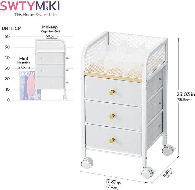 SWTYMIKI Rolling Makeup Organizer Cart - Under Desk Vanity Makeup Storage with 3 Non-woven Drawers, Nail Cart Organizer Cosmetic Display Cases Cabinet for Skin Care Perfume Nail Polish Brush Hair Tool
