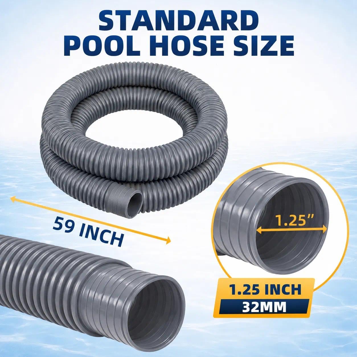 Btanadi Replacement Pool Hoses for Above Ground Pools 1 1/4, 59"" Long Filter Pump Hose, 4 Pack Pool Pump Hose with 8 Metal Clamps (Grey), Gray