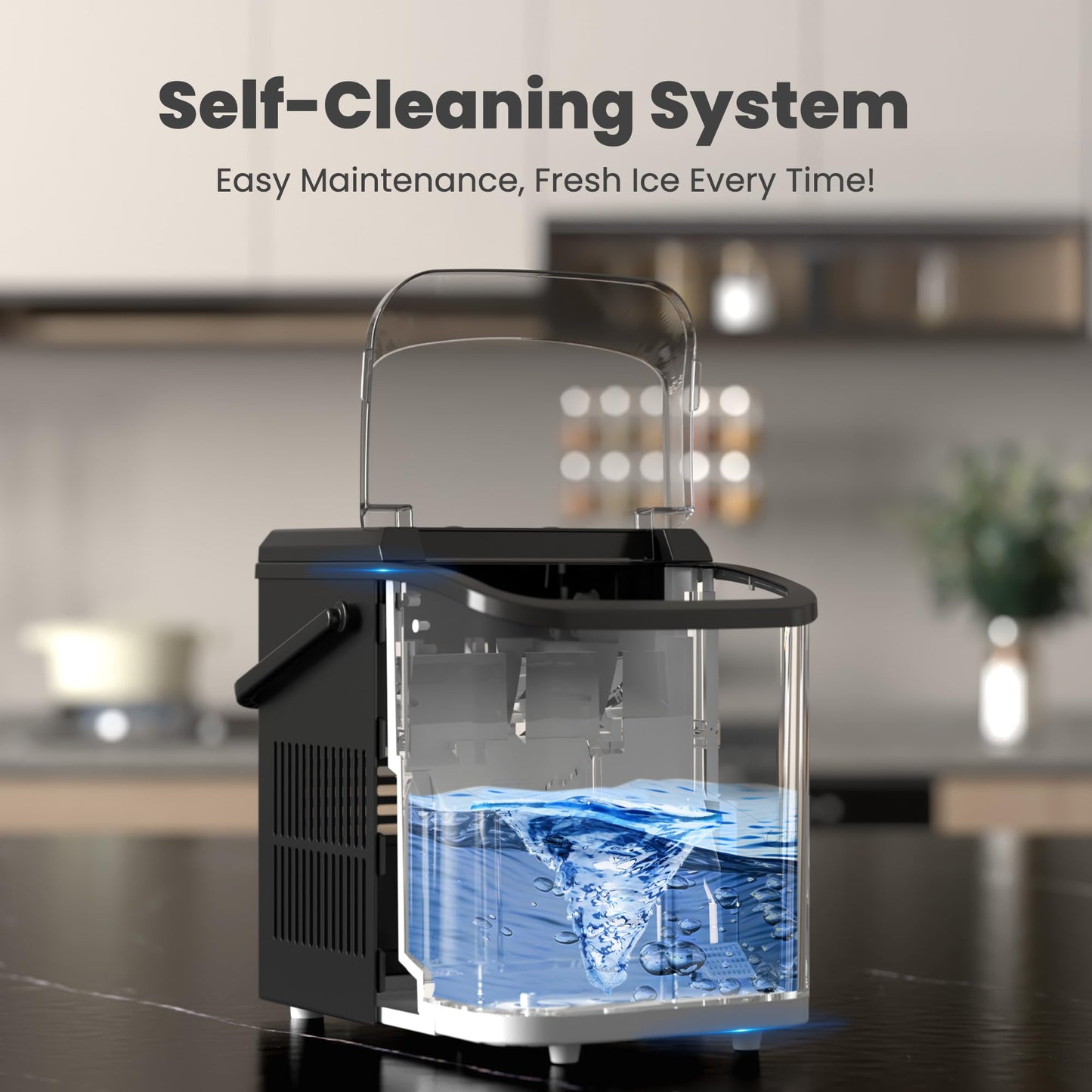 DUMOS Ice Makers Countertop with Handle Ice Machine, Fast in 6 Mins, 26lbs in 24 Hours, Quiet Self-Cleaning, Compact Size Portable for Home, Kitchen, RV, Camping,Modern Black