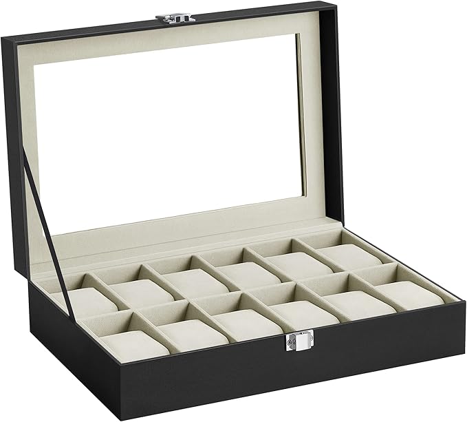 SONGMICS Watch Box, 12-Slot Watch Case Organizer with Large Glass Lid, Removable Pillows, Gift for Loved Ones, Black Synthetic Leather, Greenish Beige Lining UJWB12BE