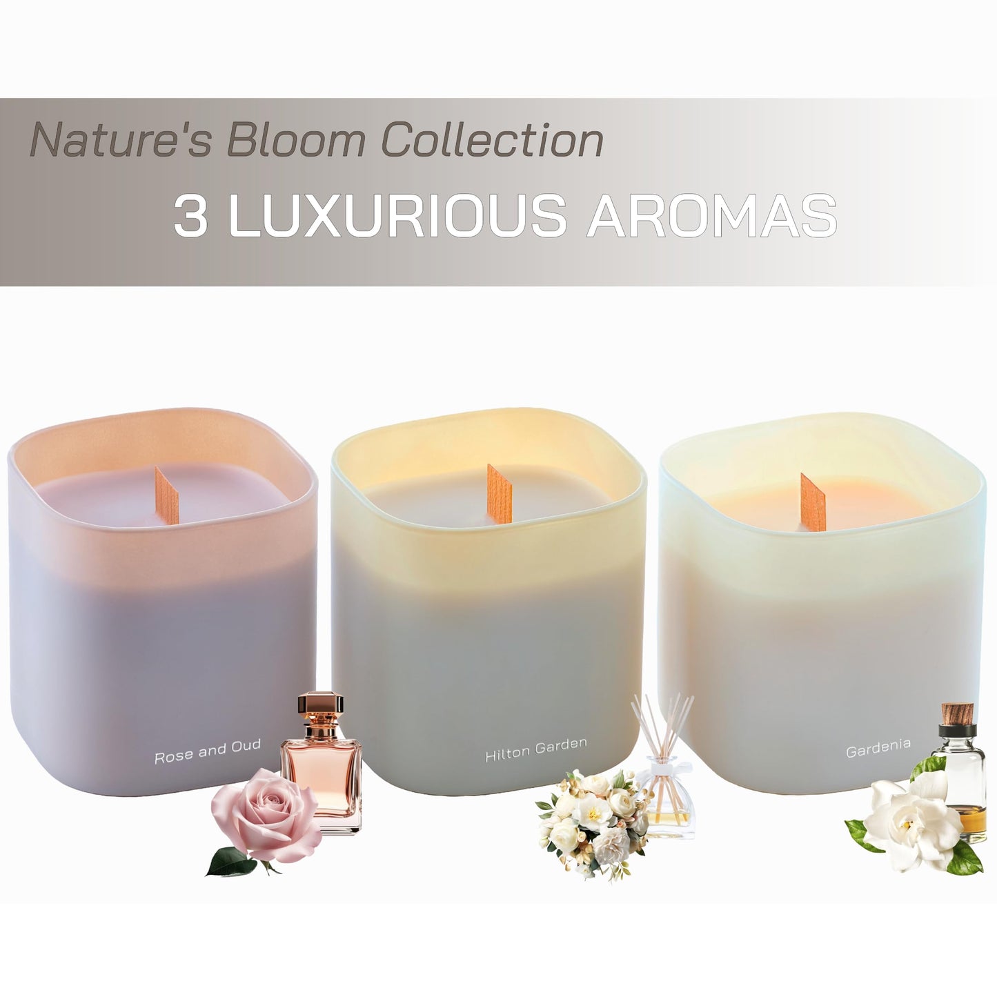 Set of 3 Scented Soy Candles Gift Set | Nature's Bloom Collection | 3 Scented Candles - Gardenia, Hilton Garden, and Rose & Oud | Crackling Wood Wick | Clean Burn | 50+HR Burn Time, 9.8oz Each