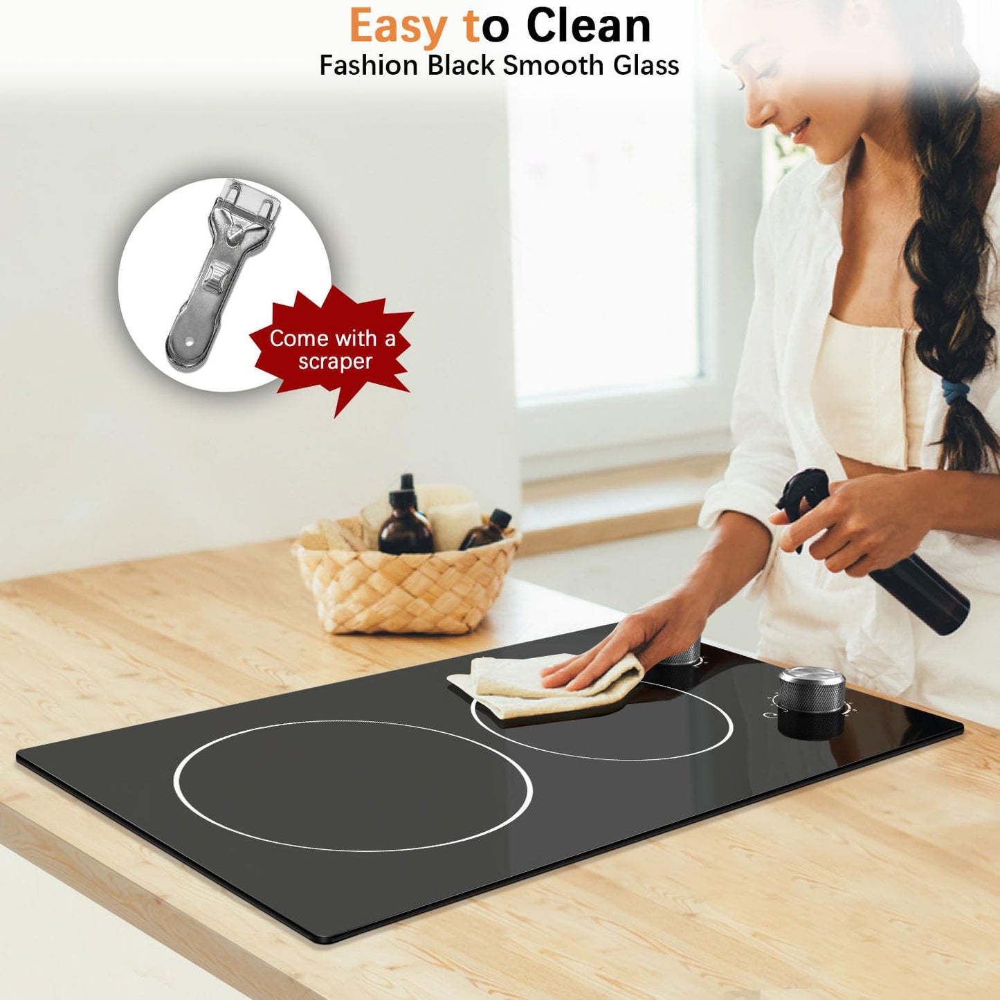 Noxton 24 Inch Electric Cooktop 4 Burners, Built in Electric stove top, Sensor Touch Ceramic Cooktop with Safety Lock, Timer, 6000W 240V (No Plug)