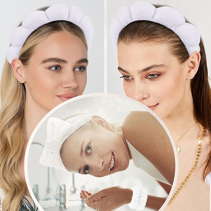 Spa Headband and Wristbands Set - 6 Pcs Terry Cloth Puffy Headbands for Skincare, Makeup Removal and Shower