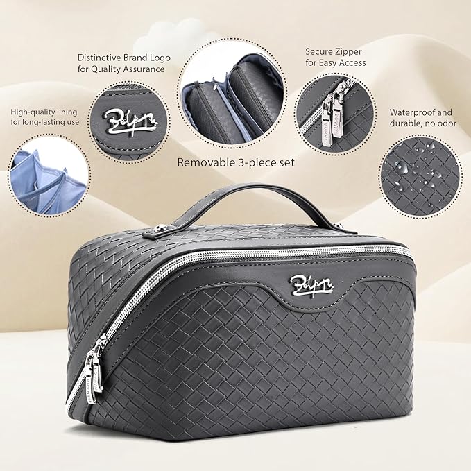 BOYATU Travel Makeup Bag Cosmetic Bags for Women: Large Capacity 3 Pcs Set Make up Bag with Compartments - Waterproof Vegan Leather Toiletry Organizer Bags with Handle (L07Grey)