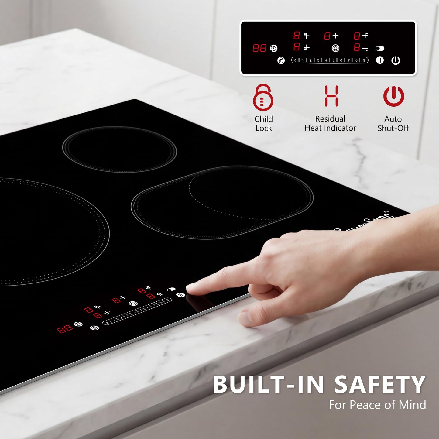 36 Inch Electric Cooktop 5 Burner, Built-In Ceramic Glass Cooktop 220-240V Hardwired, 9200W Radiant Electric Stove Top with Touch Control, 9 Heat Levels, Timer, Safety Lock, Works with All Cookware