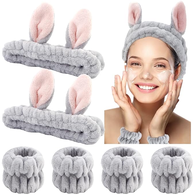 YISSION Cute Bunny Ear Spa Headband and Wristband Set for Women and Girls - Soft Plush Makeup Headband with Wrist Towels for Face Washing, Skincare, Shower, Easter Party Favors (Gray)