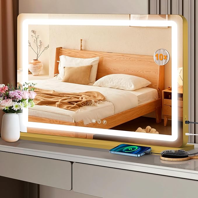 Vanity Mirror with Lights, Led Makeup Mirror, Lighted Makeup Mirror with 3 Color Dimmable Lights, Smart Touch Screen Control, Aluminum Metal Frame,USB Charging Port