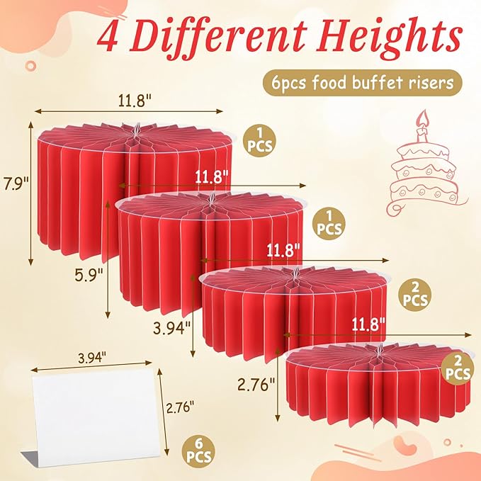 6Pcs Buffet Risers, Valentine's Day Food Risers for Table, Foldable Cake Display Stands, Tall Cardboard Cupcakes Stand for Show Catering Desserts Jewelry Wedding Birthday Party Decoration (Red)