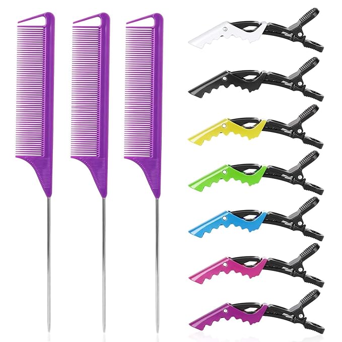 Rat Tail Comb Hair Clips Set: 3Pcs Rat Tail Combs, Hair Styling Combs for Women and 7 Professional Sectioning Hair Clips (Purple)