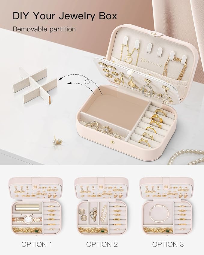 VLANDO Travel Jewelry Case, PU Leather Travel Jewelry Box with Earring Holder, Portable Display Small Jewelry Box for Mothers Day Women Girls Gift - Pink