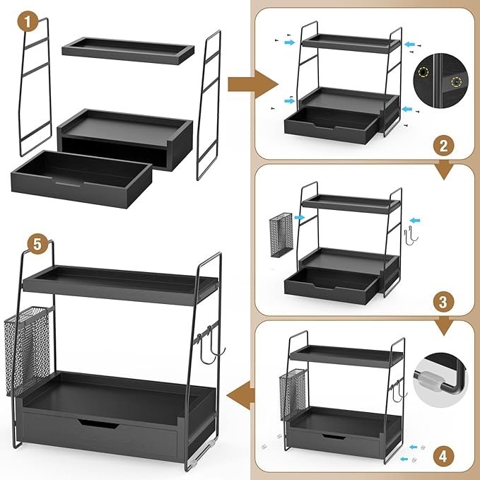 2-Tier Bathroom Counter Organizer with Drawer & Removable Basket, Wood & Metal Vanity Organizer for Skincare, Makeup, Perfume, Toiletries, Small Bathroom Counter Shelf, 13'' Black