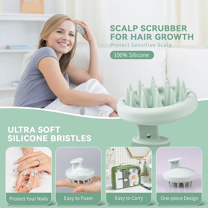 Silicone Scalp Massager Shampoo Brush, Shower Scalp Scrubber with Soft Bristles, for Hair Growth & Dandruff Treatment, Wet Dry Hair Massager for All Hair Types of Women (Light Green)