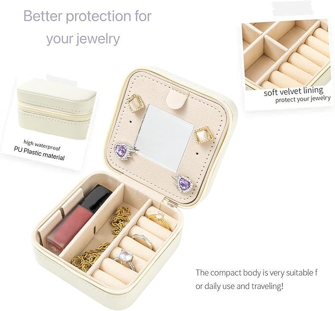 KElofoN Travel jewelry case Travel jewelry box Travel Jewelry Organizer Small Jewelry Organizer Box Gift for Girls Women with Mirror(White)